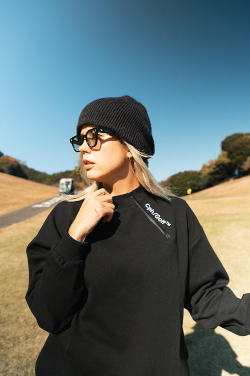 #SIDE HALF ZIP L/S MOCK NECK TEE BLACK