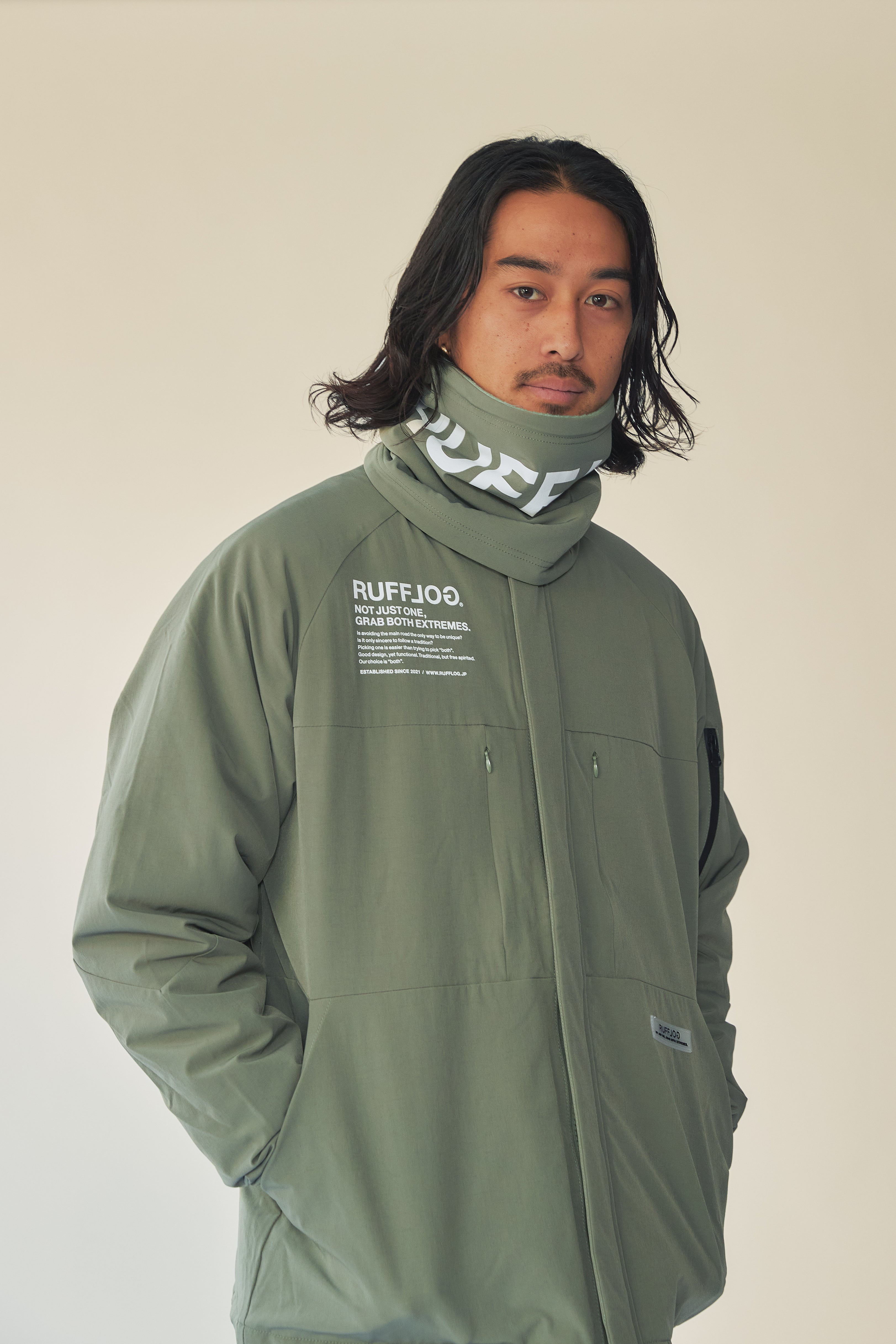 RUFFLOG ノーカラー 中綿ジャケット NO COLLAR PUFFER JACKET ASH GREEN – RUFFLOG