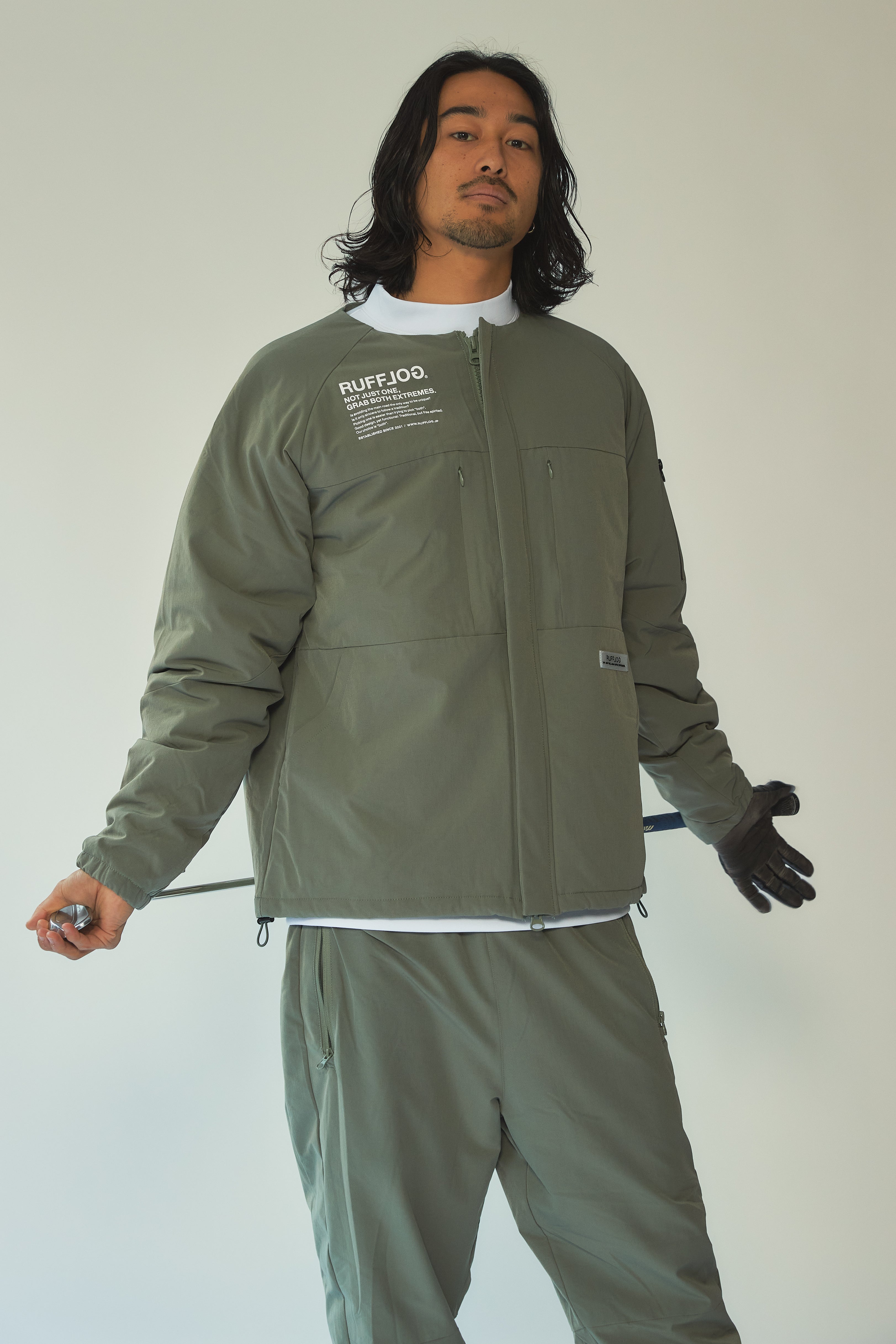 RUFFLOG ノーカラー 中綿ジャケット NO COLLAR PUFFER JACKET ASH GREEN – RUFFLOG