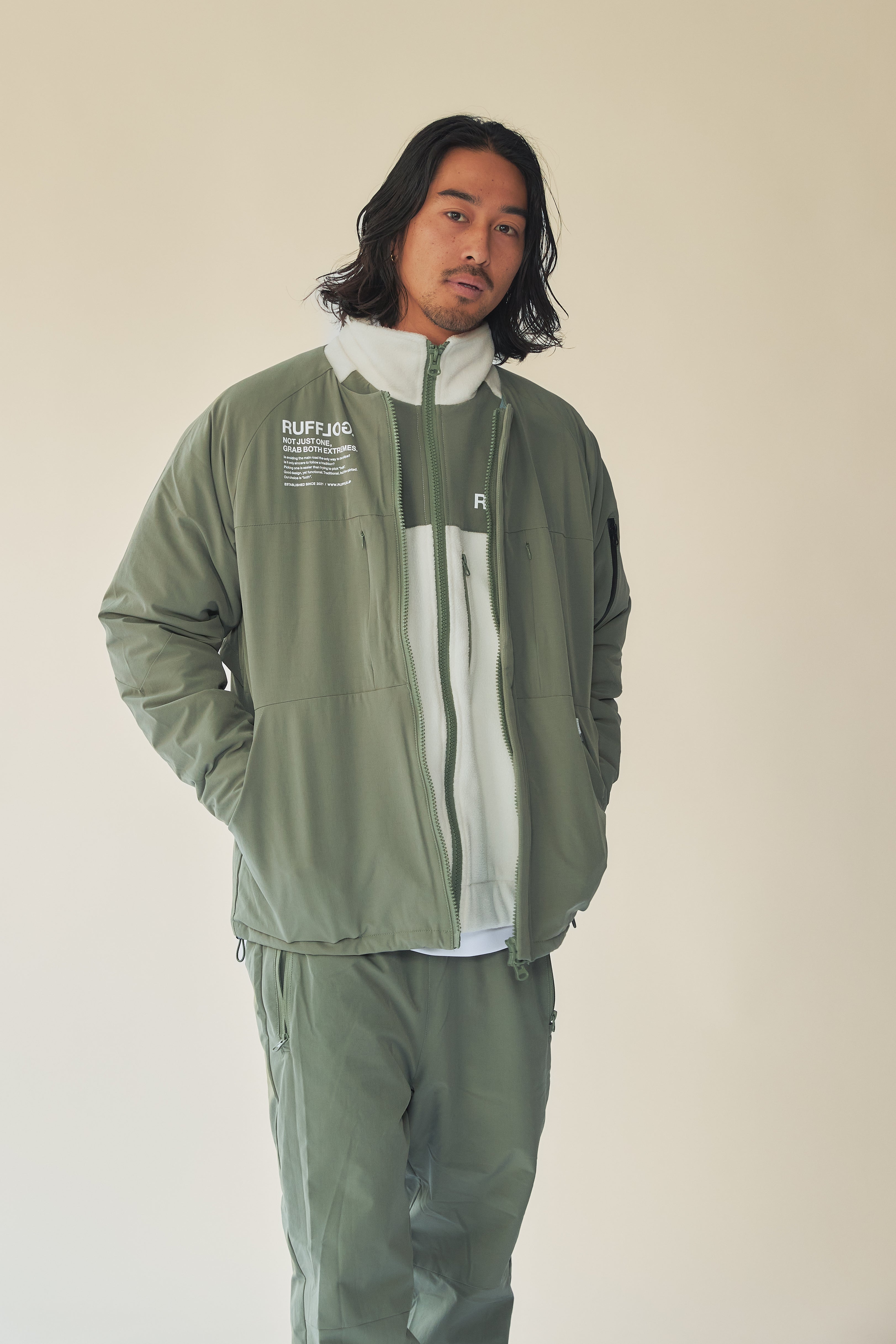 RUFFLOG ノーカラー 中綿ジャケット NO COLLAR PUFFER JACKET ASH GREEN – RUFFLOG