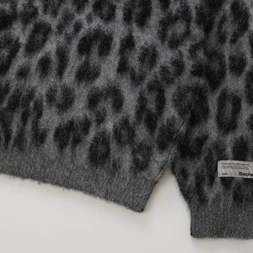 Mohair Crew Knit Pullover Gray Leopard