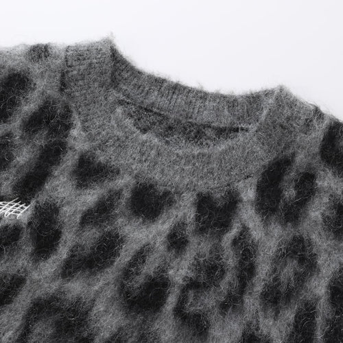 Mohair Crew Knit Pullover Gray Leopard