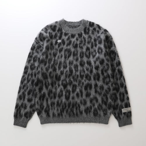 Mohair Crew Knit Pullover Gray Leopard