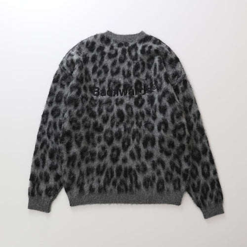 Mohair Crew Knit Pullover Gray Leopard