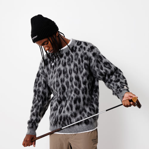 Mohair Crew Knit Pullover Gray Leopard