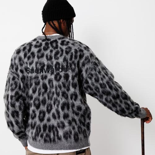 Mohair Crew Knit Pullover Gray Leopard