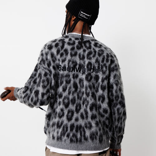 Mohair Crew Knit Pullover Gray Leopard