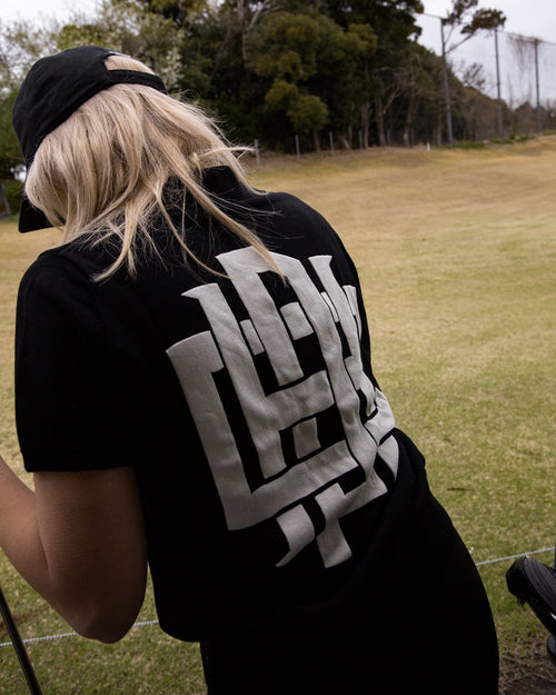 [WOMEN] #OVERLAP LOGO JAQUARD KNIT POLO BLACK