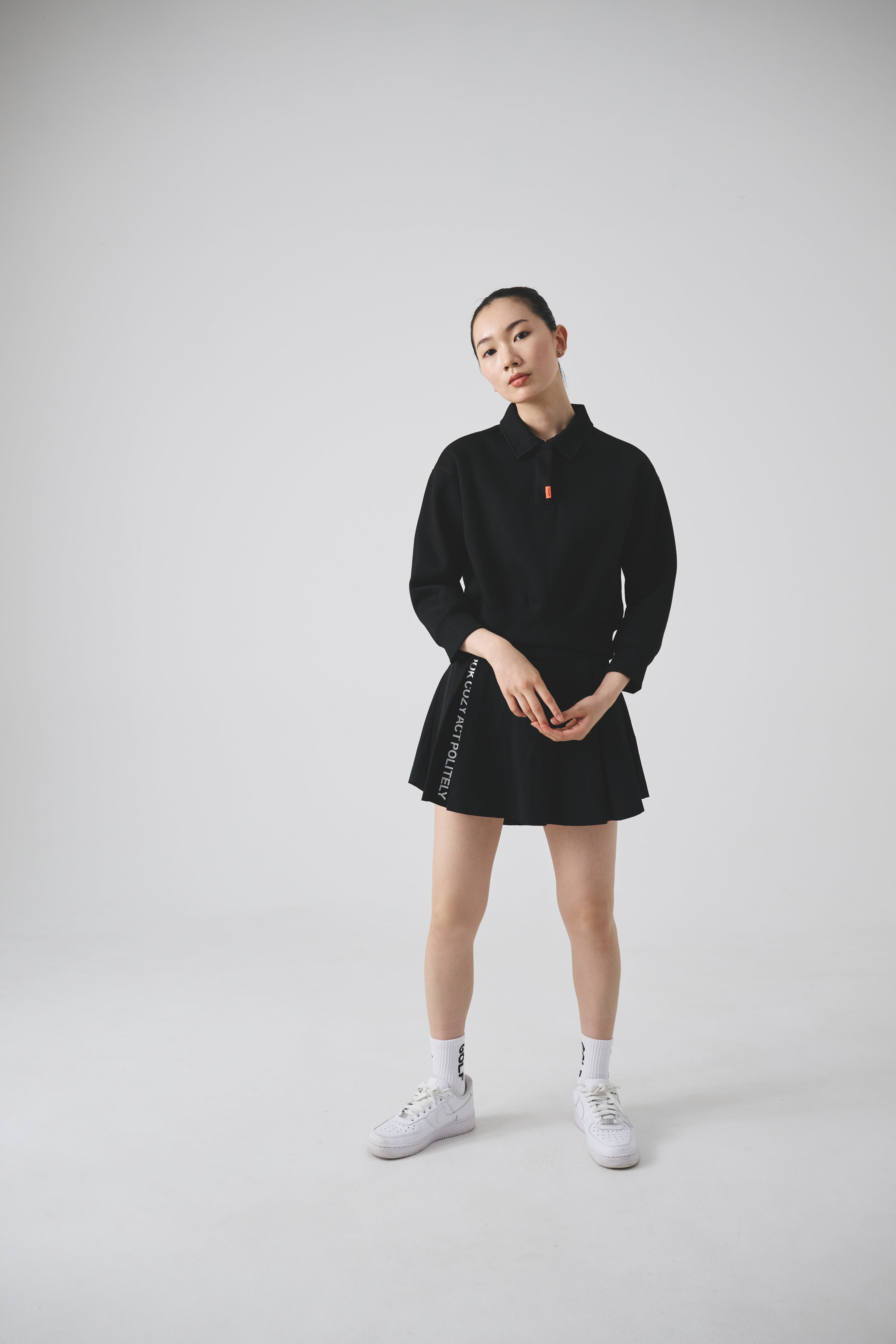 Basic Cropped L/S POLO SWEAT BLACK – RUFFLOG